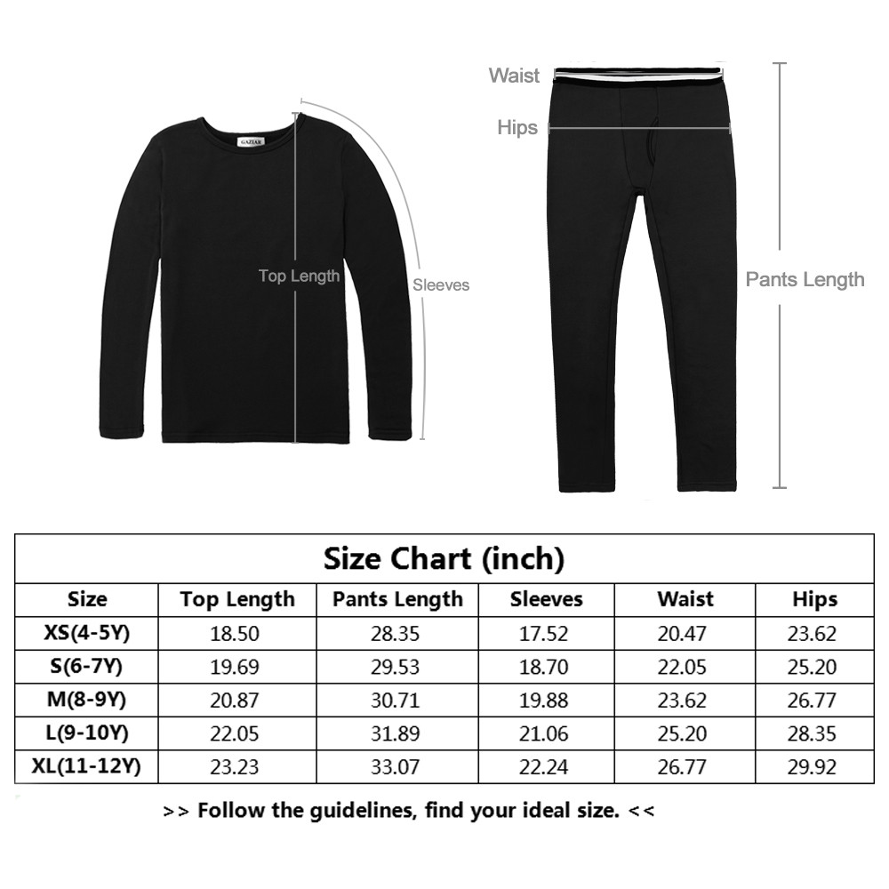 GAZIAR Boys Thermal Underwear Long John Set Soft Black Fleece Lined Tops and Bottoms for Kids Boys 2 PCS 4Y-12Y 
